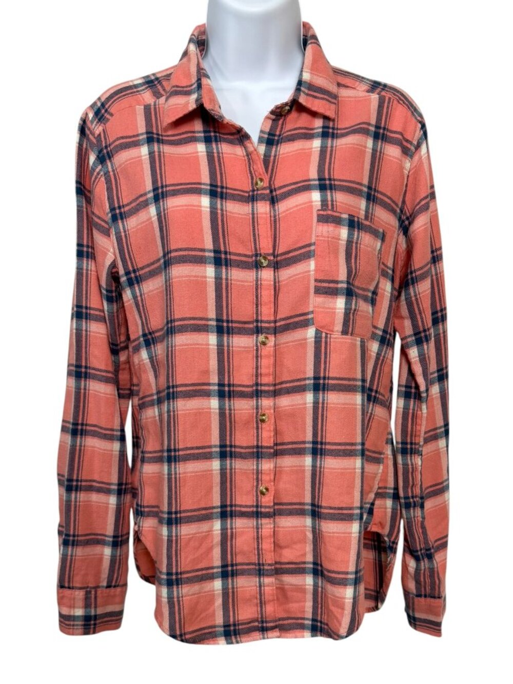 Hollister Coral Plaid Button Front Shirt Small Hi-Low Hem Cotton Blend